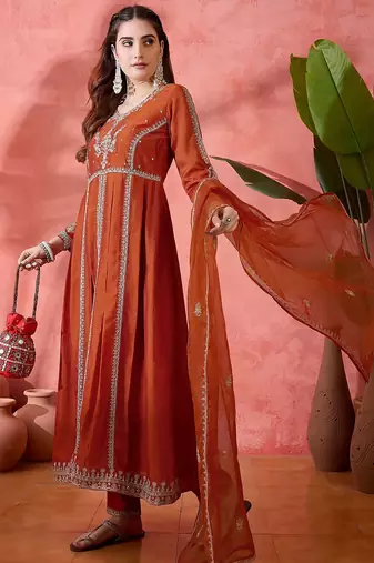 Orange floral embroidered panelled zari a-line kurta with trousers and dupatta
