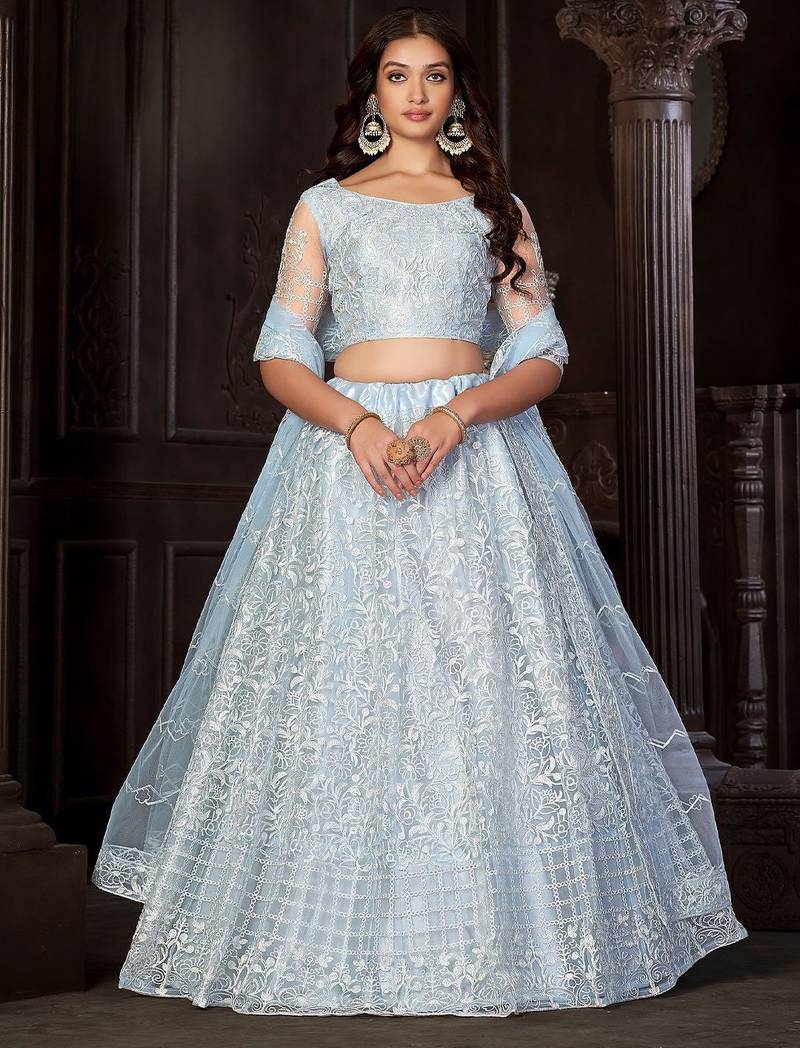Embroidered Thread Work Semi-Stitched Lehenga & Unstitched Blouse With Dupatta