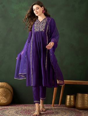 Women embroidered a-line kurta trousers & dupatta 1