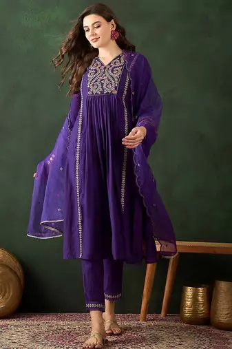 Women embroidered a-line kurta trousers & dupatta