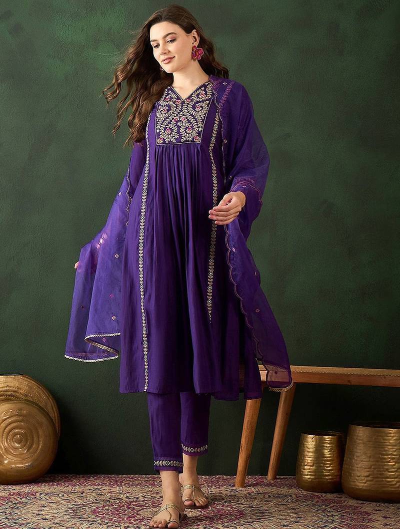Women embroidered a-line kurta trousers & dupatta