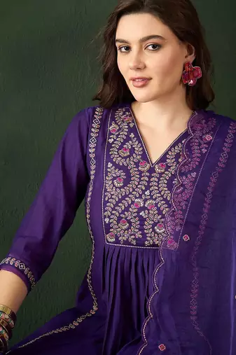 Women embroidered a-line kurta trousers & dupatta