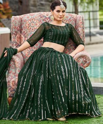 Embroidered Thread Work Semi-Stitched Lehenga & Unstitched Blouse With Dupatta 1