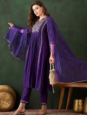 Women embroidered a-line kurta trousers & dupatta 5