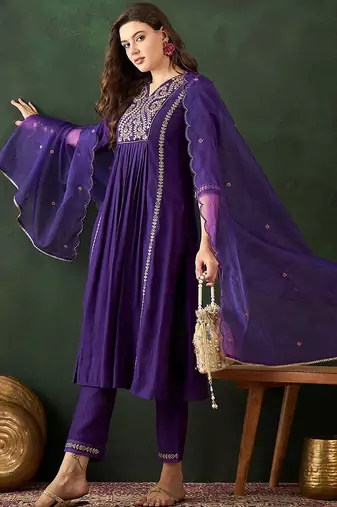 Women embroidered a-line kurta trousers & dupatta
