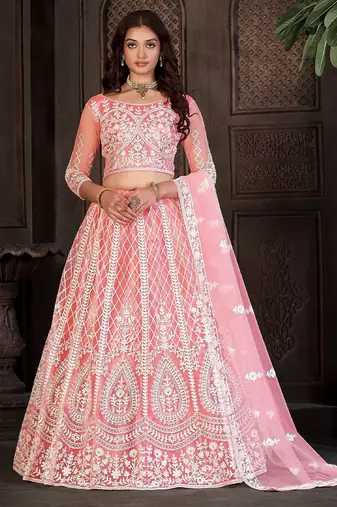 Embroidered Thread Work Semi-Stitched Lehenga & Unstitched Blouse With Dupatta