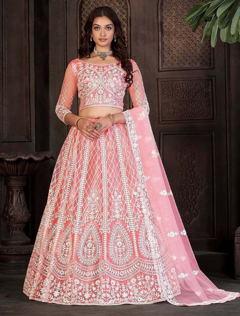 Embroidered Thread Work Semi-Stitched Lehenga & Unstitched Blouse With Dupatta