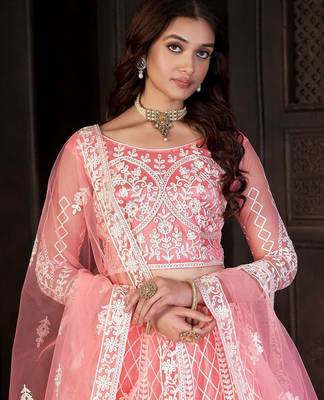 Embroidered Thread Work Semi-Stitched Lehenga & Unstitched Blouse With Dupatta 2