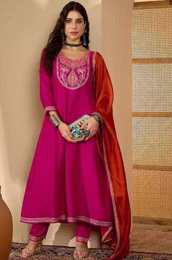 Women ethnic motifs embroidered anarkali kurta with trouser & dupatta