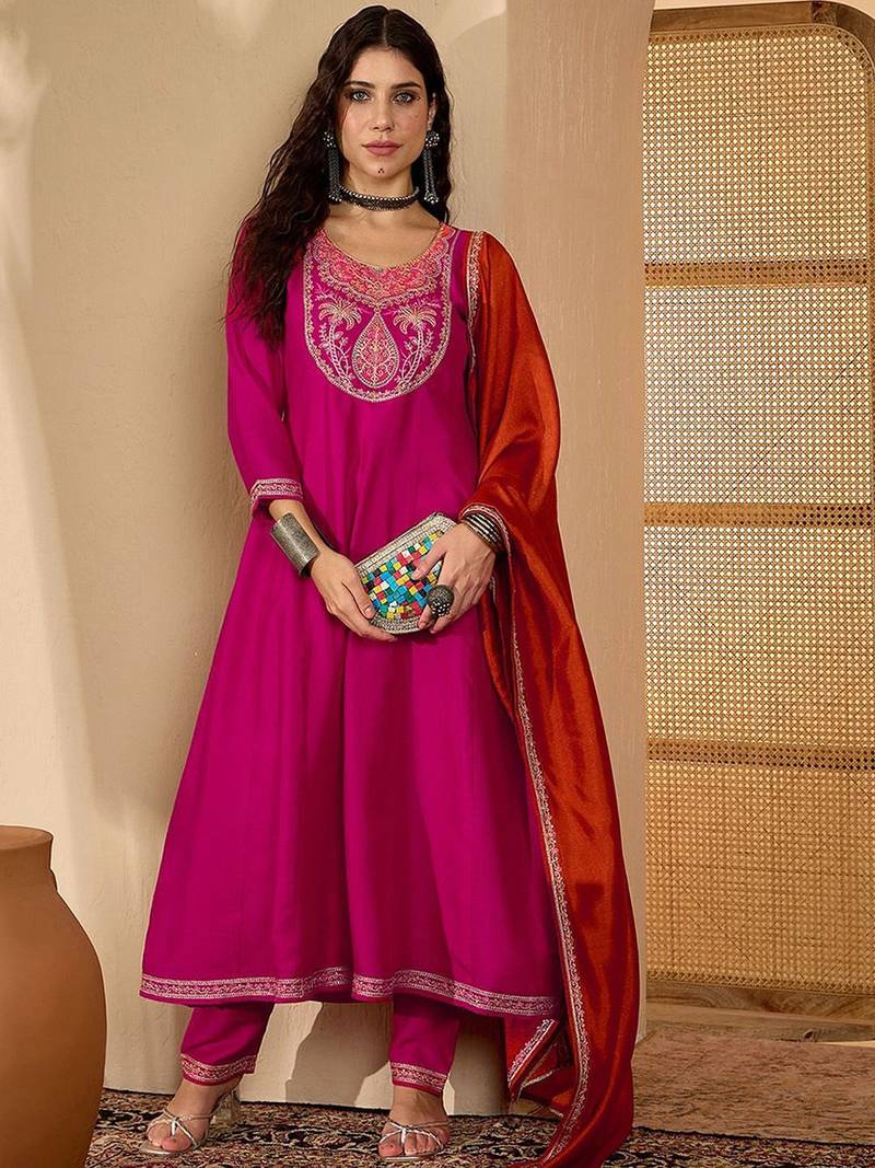Women ethnic motifs embroidered anarkali kurta with trouser & dupatta