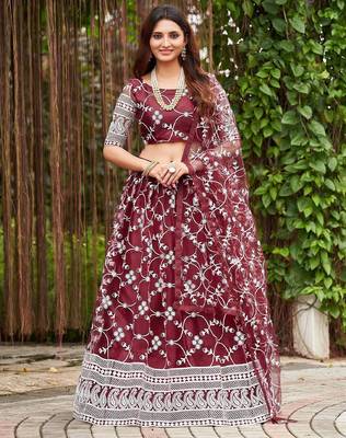 Embroidered Thread Work Semi-Stitched Lehenga & Unstitched Blouse With Dupatta 1