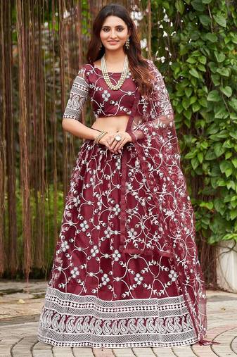 Embroidered Thread Work Semi-Stitched Lehenga & Unstitched Blouse With Dupatta