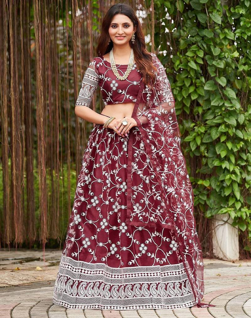 Embroidered Thread Work Semi-Stitched Lehenga & Unstitched Blouse With Dupatta