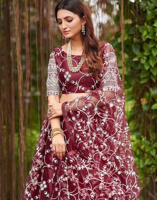 Embroidered Thread Work Semi-Stitched Lehenga & Unstitched Blouse With Dupatta 2