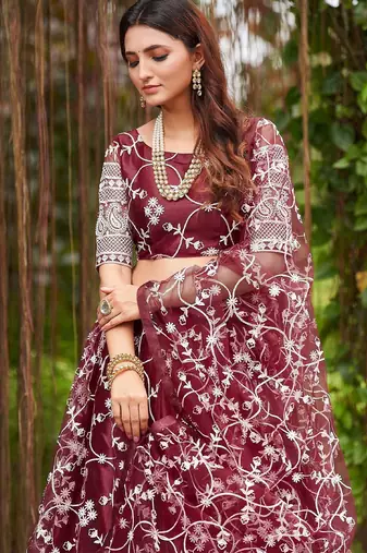 Embroidered Thread Work Semi-Stitched Lehenga & Unstitched Blouse With Dupatta