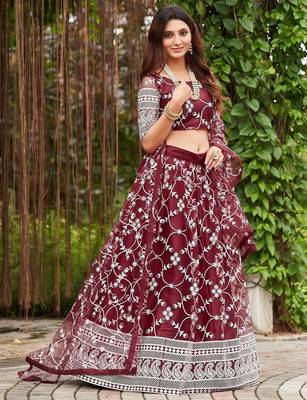 Embroidered Thread Work Semi-Stitched Lehenga & Unstitched Blouse With Dupatta 3