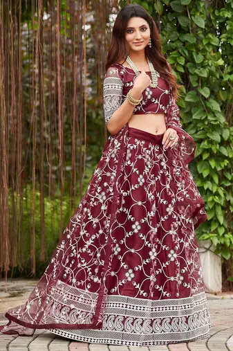 Embroidered Thread Work Semi-Stitched Lehenga & Unstitched Blouse With Dupatta