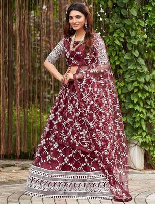 Embroidered Thread Work Semi-Stitched Lehenga & Unstitched Blouse With Dupatta 4