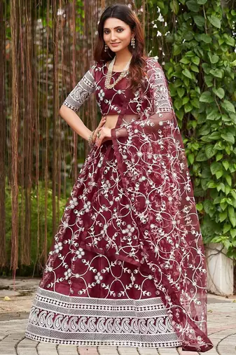 Embroidered Thread Work Semi-Stitched Lehenga & Unstitched Blouse With Dupatta