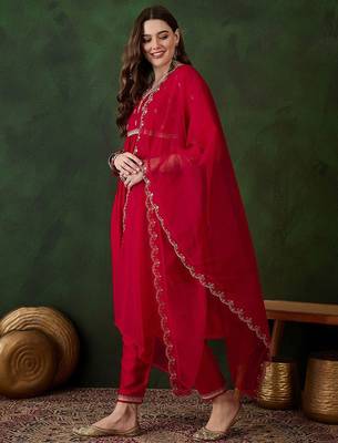 Floral embroidered pure cotton straight kurta with trouser & dupatta 5