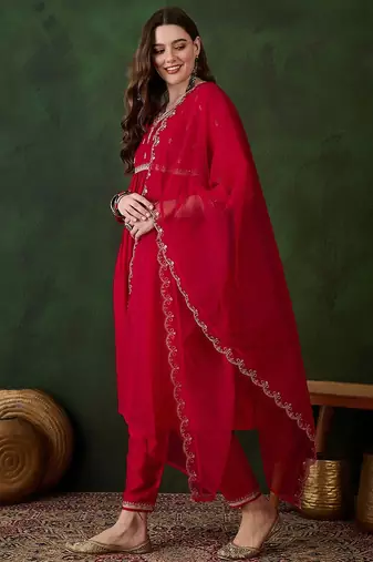 Floral embroidered pure cotton straight kurta with trouser & dupatta