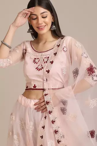 Embroidered Thread Work Semi-Stitched Lehenga & Unstitched Blouse With Dupatta