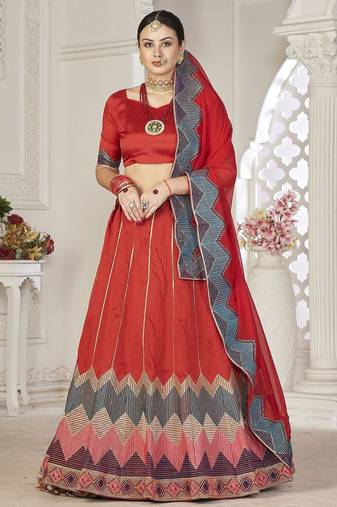 Embroidered Semi-Stitched Lehenga & Unstitched Blouse With Dupatta