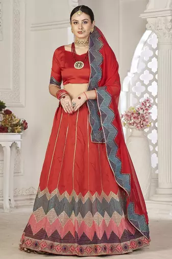 Embroidered Semi-Stitched Lehenga & Unstitched Blouse With Dupatta