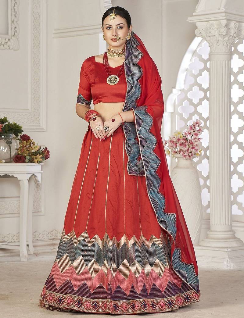 Embroidered Semi-Stitched Lehenga & Unstitched Blouse With Dupatta