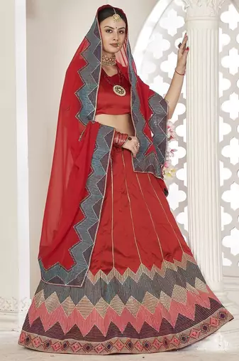 Embroidered Semi-Stitched Lehenga & Unstitched Blouse With Dupatta