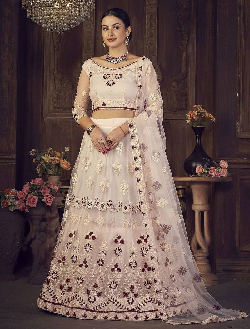 Embroidered Thread Work Semi-Stitched Lehenga & Unstitched Blouse With Dupatta