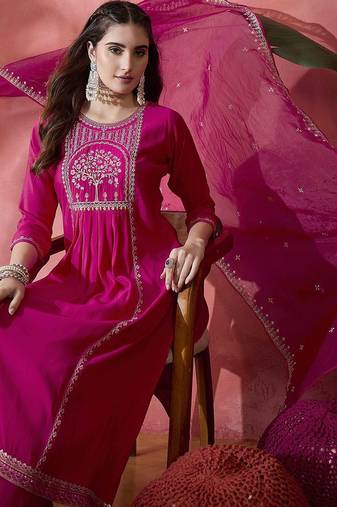 Magenta floral embroidered round neck sequinned straight kurta & trouser & dupatta