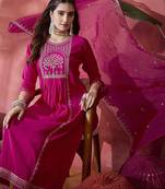 Magenta floral embroidered round neck sequinned straight kurta & trouser & dupatta