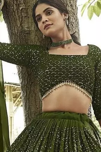 Embroidered Sequinned Semi-Stitched Lehenga & Unstitched Blouse With Dupatta