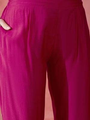 Magenta floral embroidered round neck sequinned straight kurta & trouser & dupatta 4