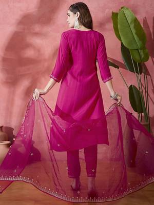 Magenta floral embroidered round neck sequinned straight kurta & trouser & dupatta 5