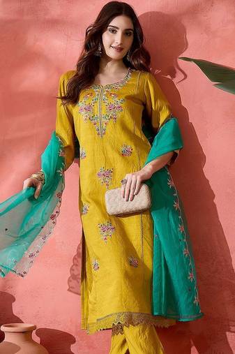 Yellow floral embroidered notch neck straight kurta with trouser & dupatta