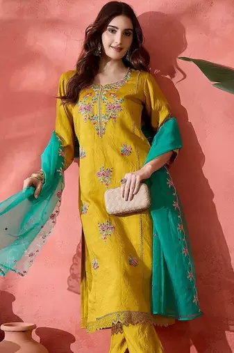 Yellow floral embroidered notch neck straight kurta with trouser & dupatta