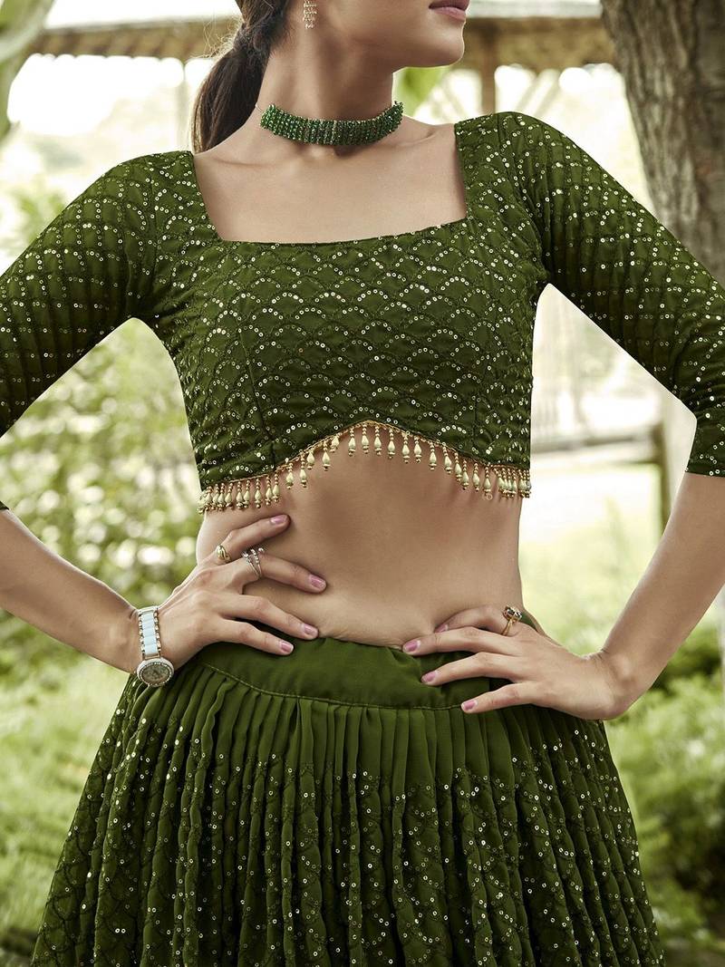 Embroidered Sequinned Semi-Stitched Lehenga & Unstitched Blouse With Dupatta