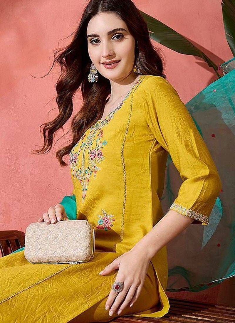 Yellow floral embroidered notch neck straight kurta with trouser & dupatta