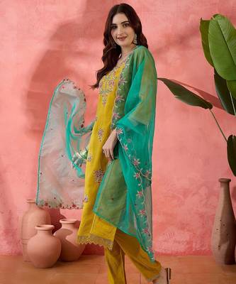 Yellow floral embroidered notch neck straight kurta with trouser & dupatta 3