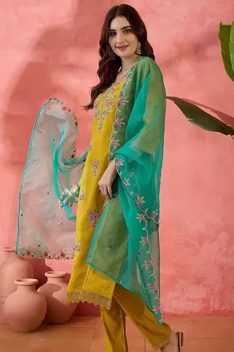 Yellow floral embroidered notch neck straight kurta with trouser & dupatta