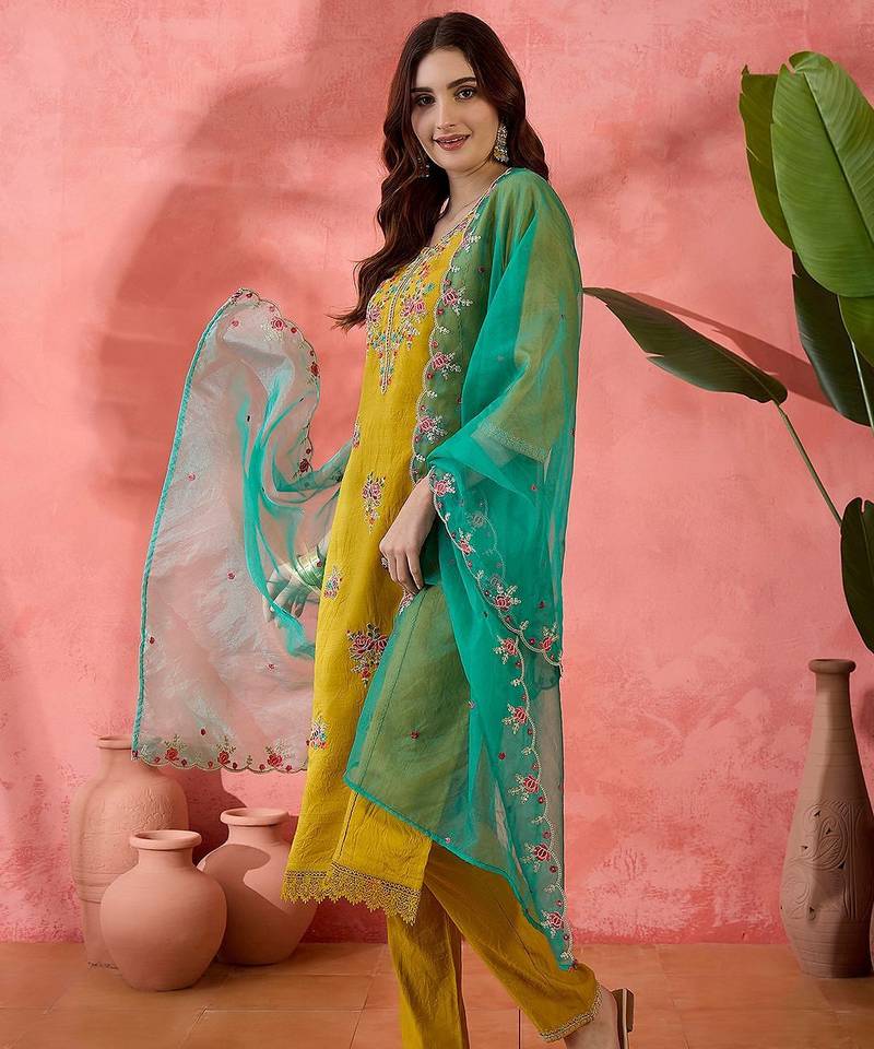 Yellow floral embroidered notch neck straight kurta with trouser & dupatta