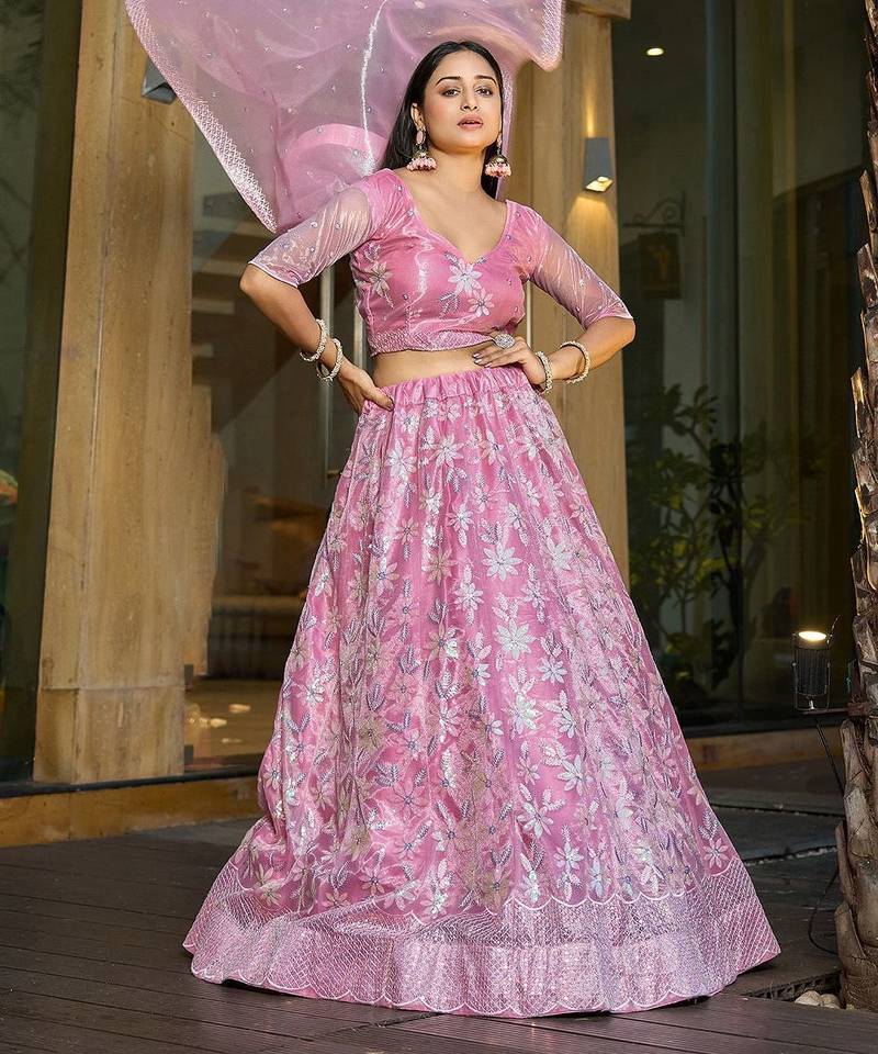 Embroidered Sequinned Semi-Stitched Lehenga & Unstitched Blouse With Dupatta