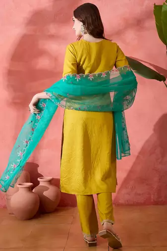 Yellow floral embroidered notch neck straight kurta with trouser & dupatta