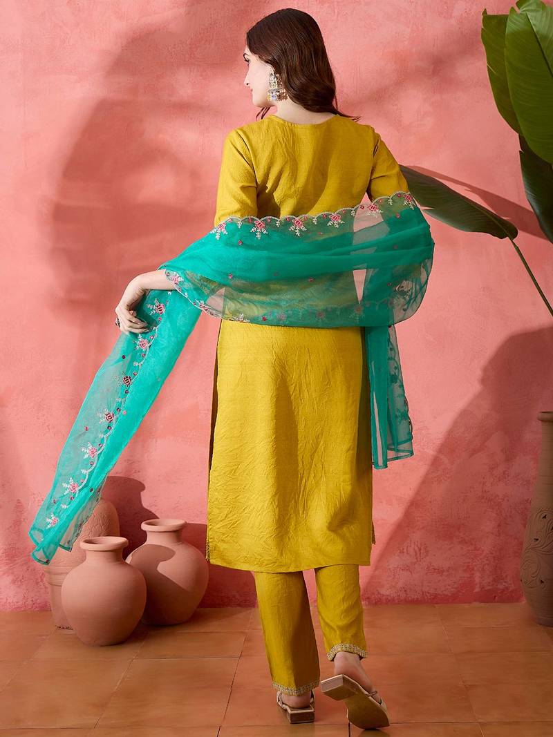Yellow floral embroidered notch neck straight kurta with trouser & dupatta