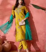 Floral embroidered thread work straight kurta with trouser & dupatta