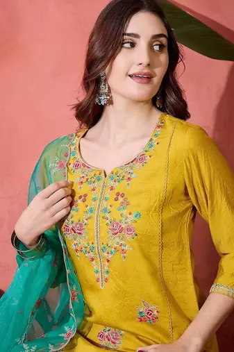 Floral embroidered thread work straight kurta with trouser & dupatta