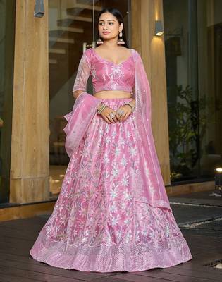 Embroidered Sequinned Semi-Stitched Lehenga & Unstitched Blouse With Dupatta 2