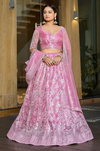 Embroidered Sequinned Semi-Stitched Lehenga & Unstitched Blouse With Dupatta